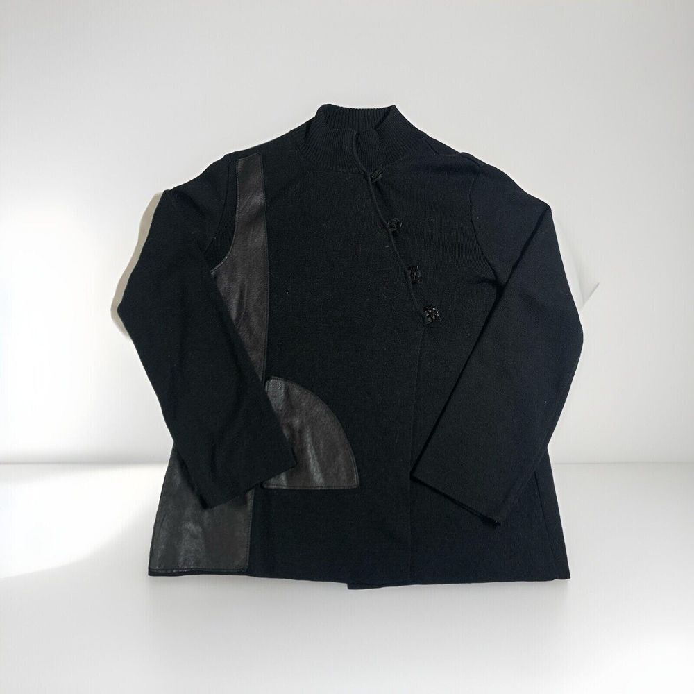Clorinda Made in Italy Wool Blend Sweater Cardigan Black Sz S‎ Leather Ornament